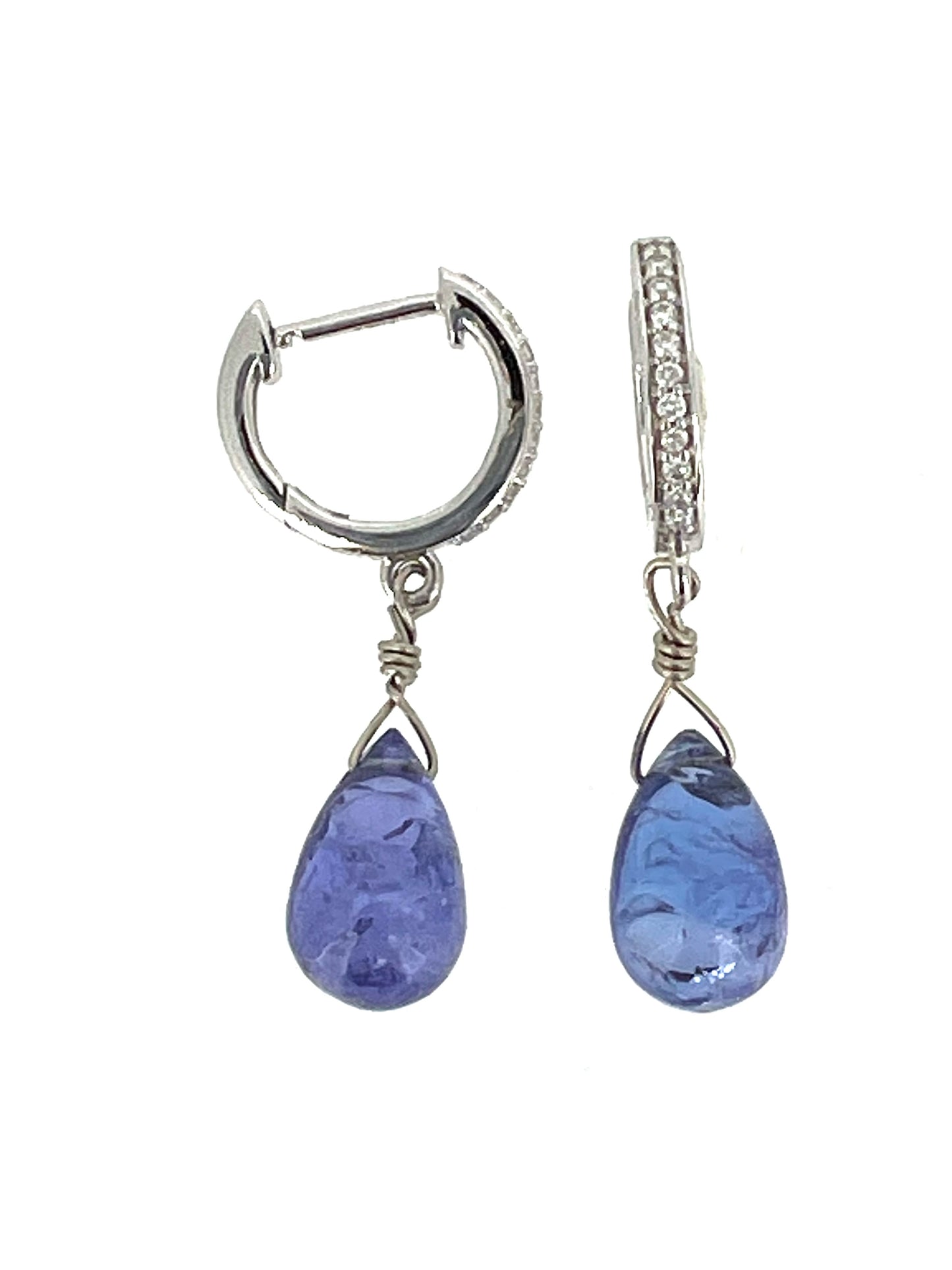 Tanzanite teardrops with 14K white gold diamond hoop earrings