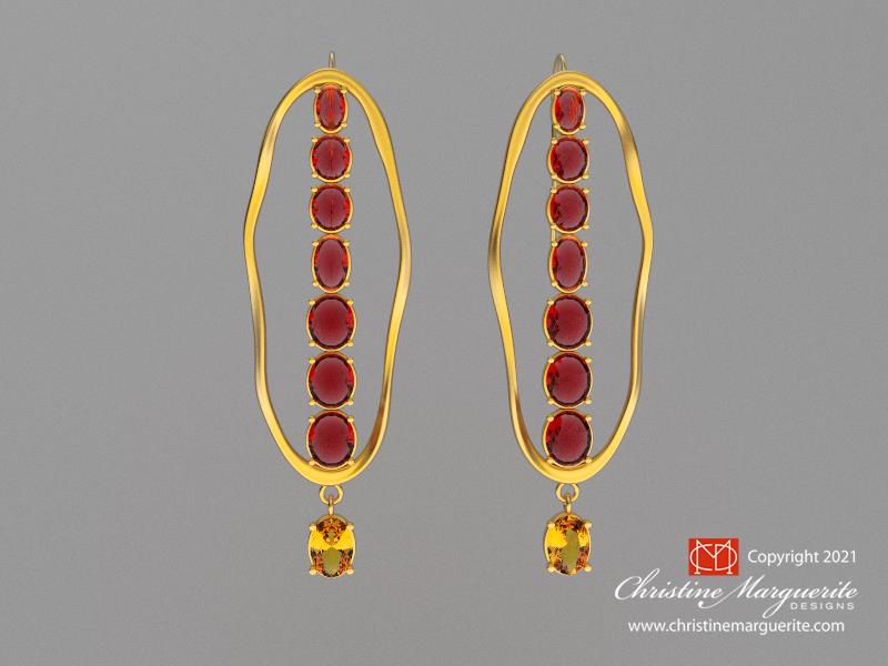 Imperial Topaz oval drop, 19.84 carats, with Spinel- Pendant and Earrings Set in 18KY gold