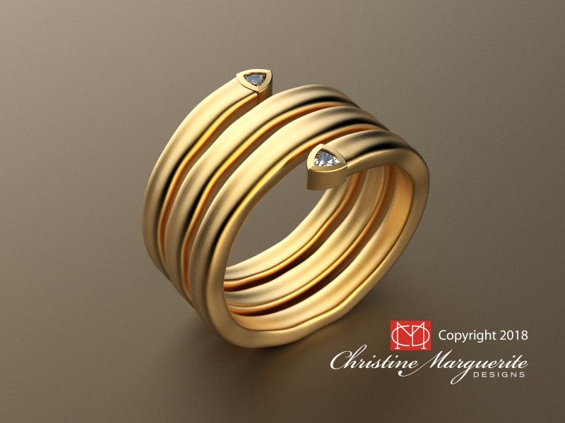 Spiral Ring in 18K gold Trillion diamond endcaps