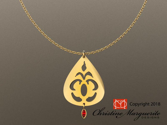 Arabic Style pendant in 18KY gold and natural marquis shape ruby drop with chain