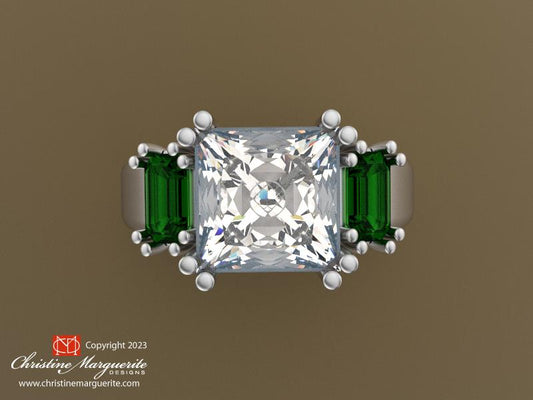 Princess Cut Diamond and Emerald ring in Platinum