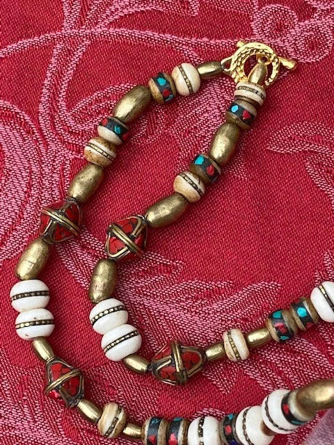 African Medicine stick made of bone with turquoise and coral prayer bead necklace and gold fill toggle clasp