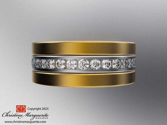 Modern 3 stack mixed metal and channel set diamond ring set