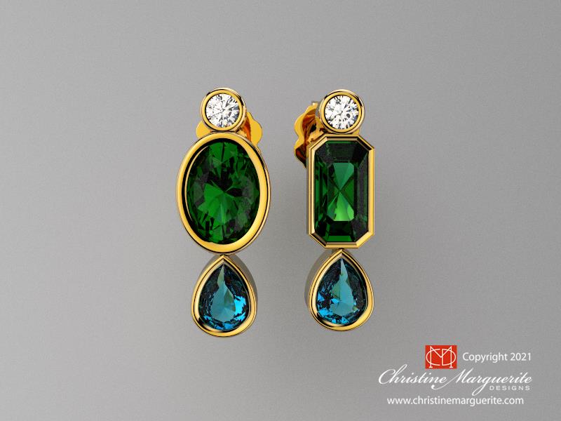 Diopside, aquamarine, and diamond post earrings in 18KY gold