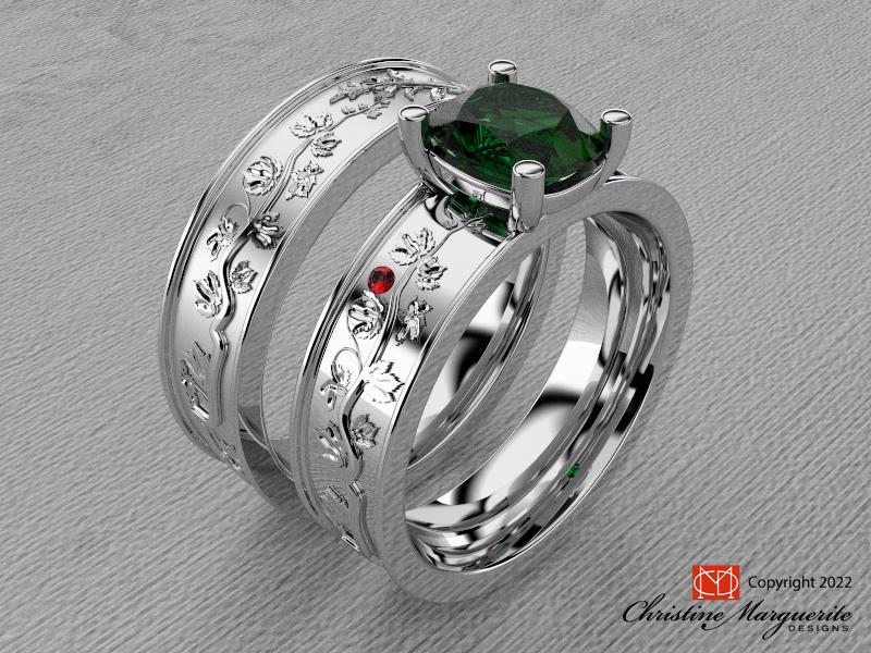 California White Sage and Grape Leaves ring with vintage green sapphire