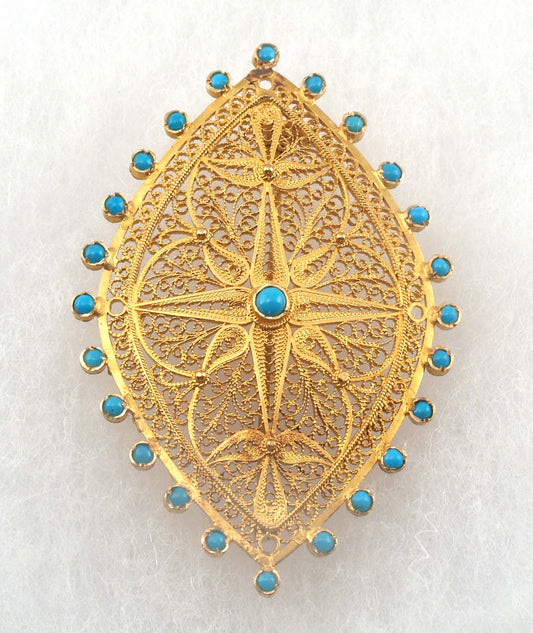 HE-Brooch, 'Shah' style pin in high karat gold filigree with Persian turquoise