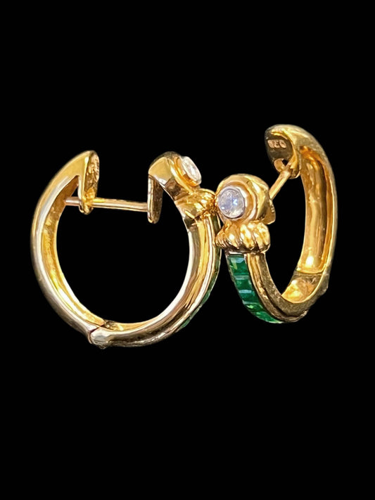 NS 002 18KY gold, emerald and diamond hoop earrings