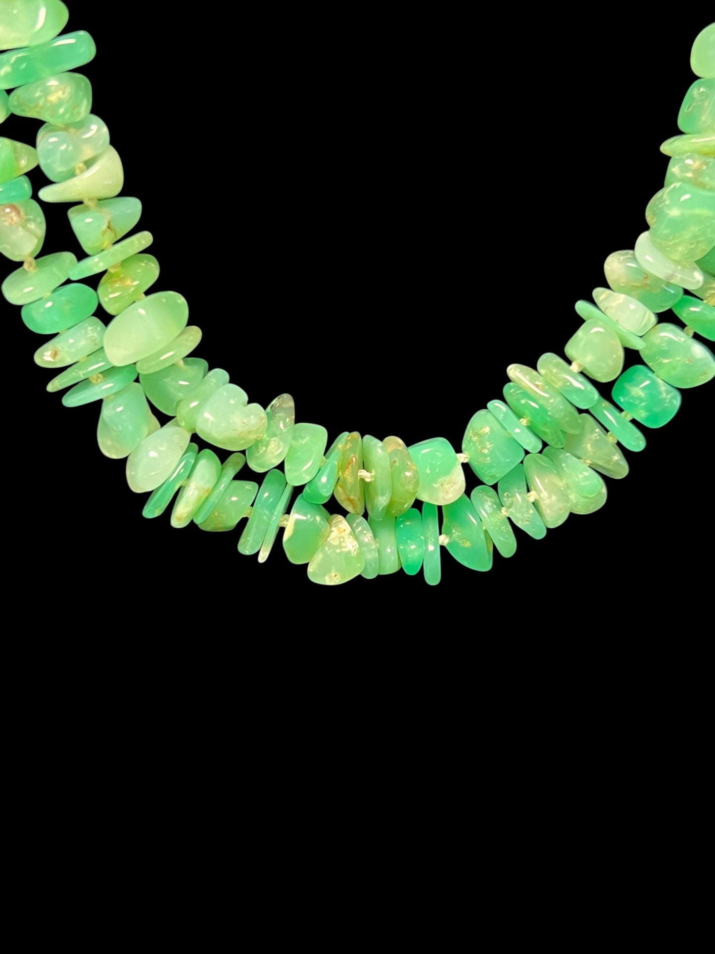 Chrysoprase Double Strand hand knotted necklace with goldfill filigree clasp