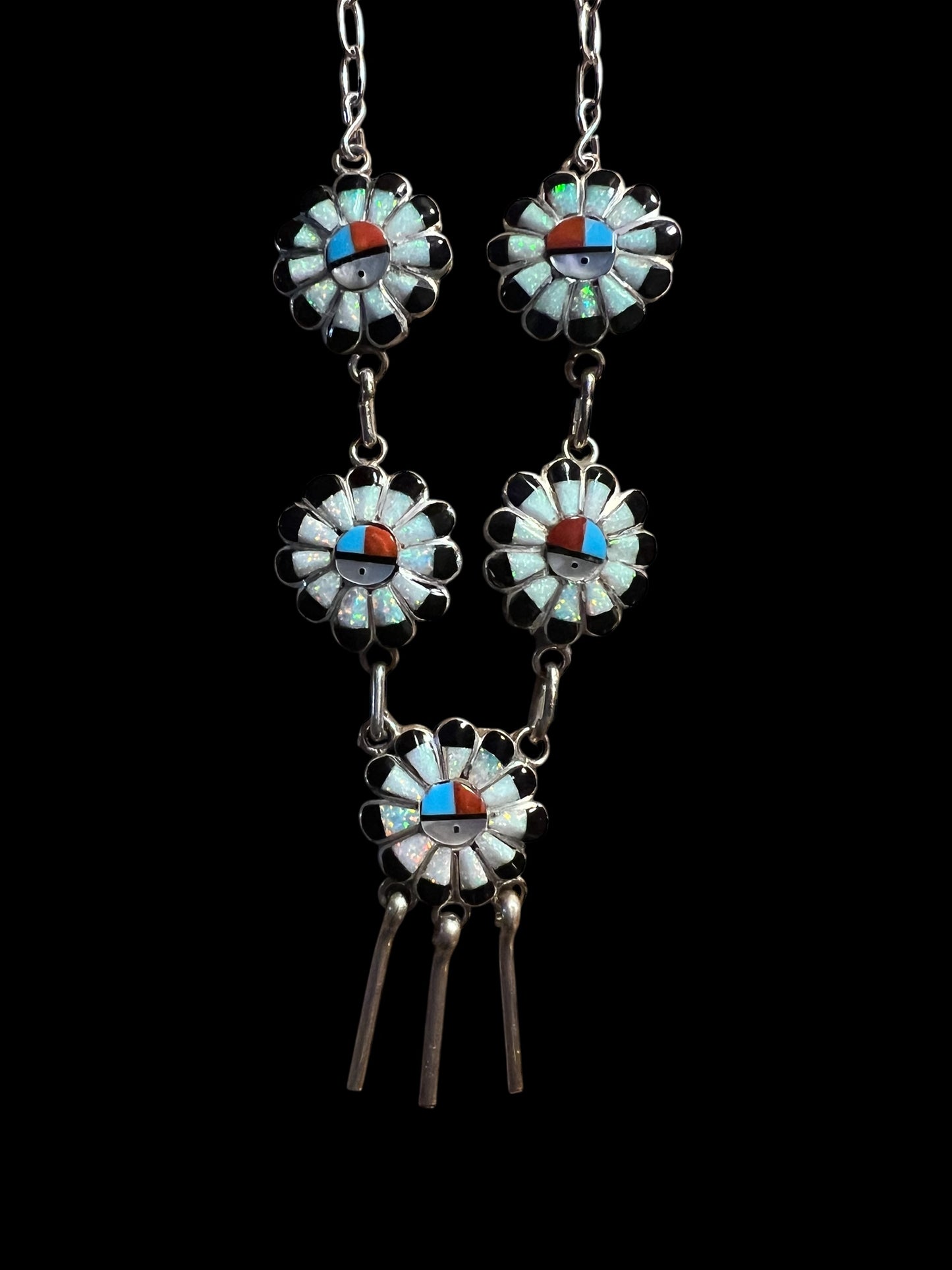 Native American Woman Sterling silver, synthetic opal, turquoise, onyx and coral 'Sunface' Zuni necklace