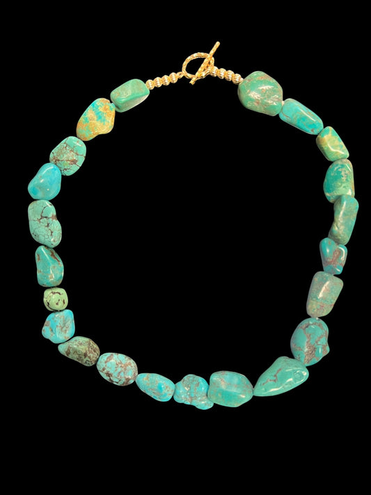 Necklace Turquoise Rough Nugget with Gold Fill toggle and textured beads