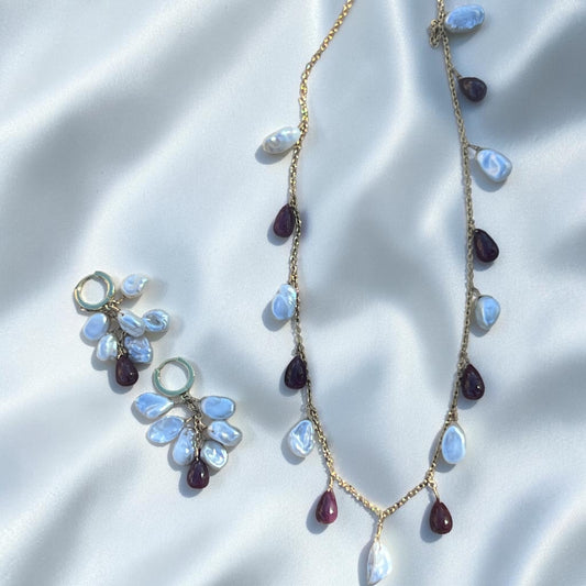 Gold Fill keshi pearls and ruby drop 'Tulip' earrings and necklace set 'Springtime on the Pearl Street Mall 2026'