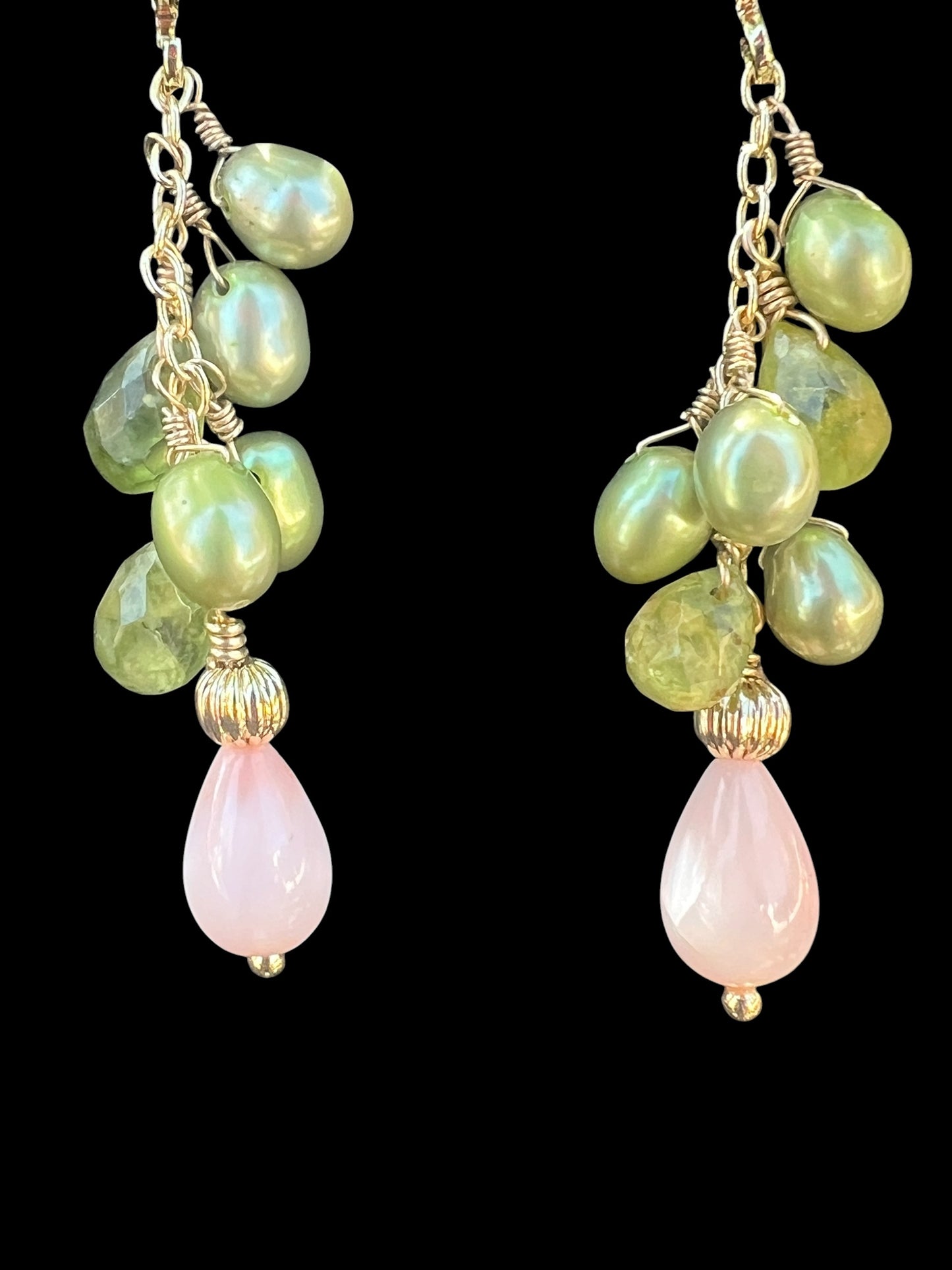 Earrings with Angel Skin coral drops, green fresh water pearls and peridot briolette gold filled hoops