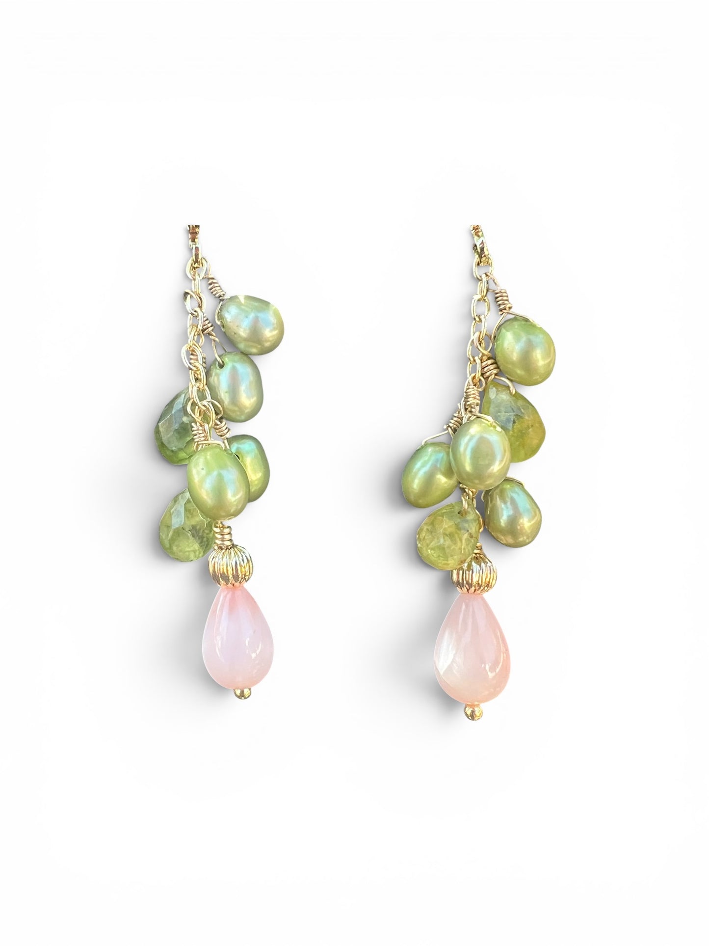 Earrings with Angel Skin coral drops, green fresh water pearls and peridot briolette gold filled hoops