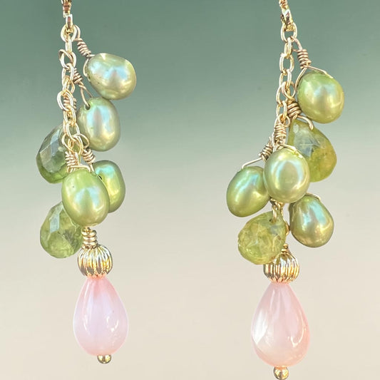 Earrings with Angel Skin coral drops, green fresh water pearls and peridot briolette gold filled hoops