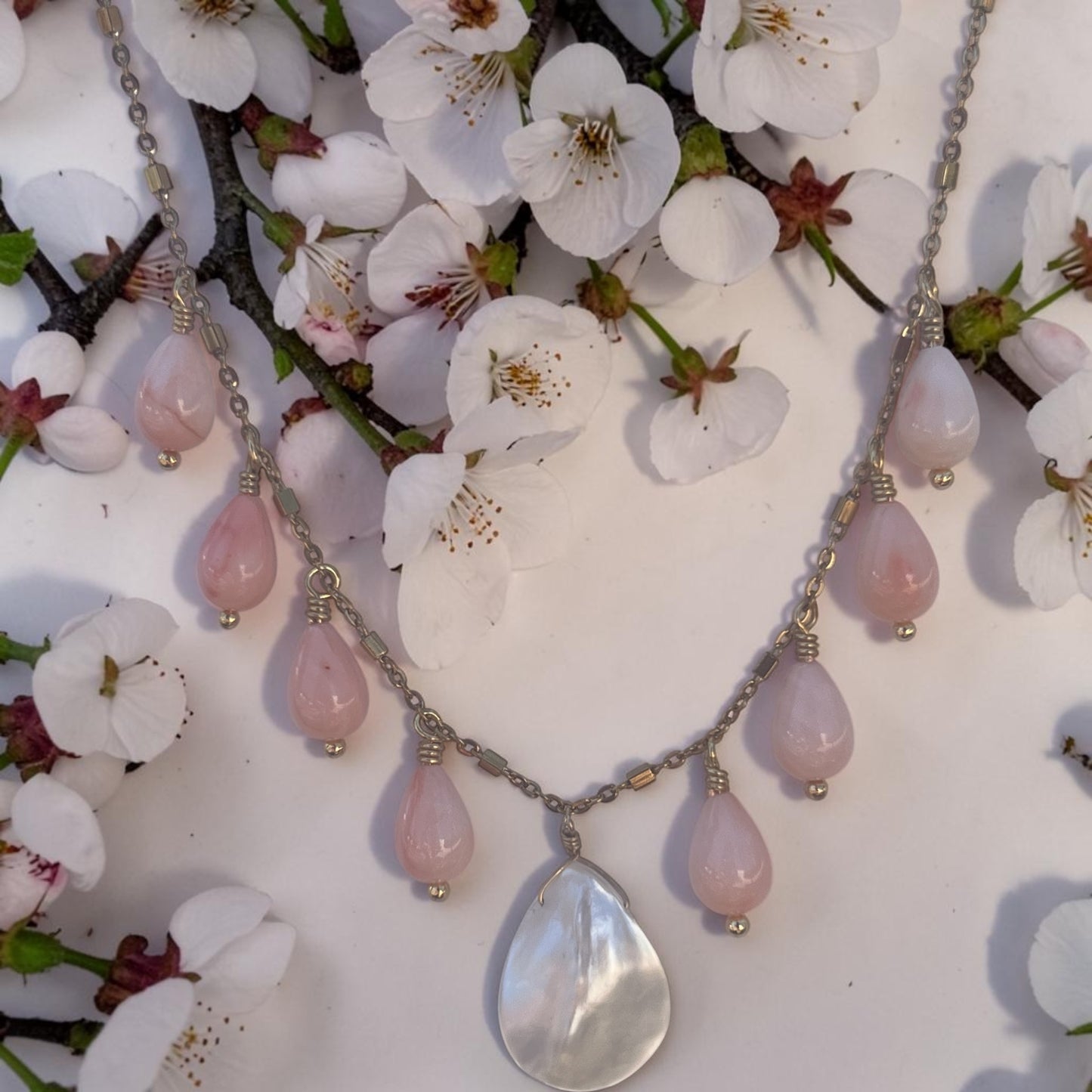 Necklace with Mother of Pearl teardrop, angel skin coral, gold filled chain