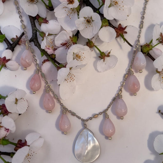 Necklace with Mother of Pearl teardrop, angel skin coral, gold filled chain