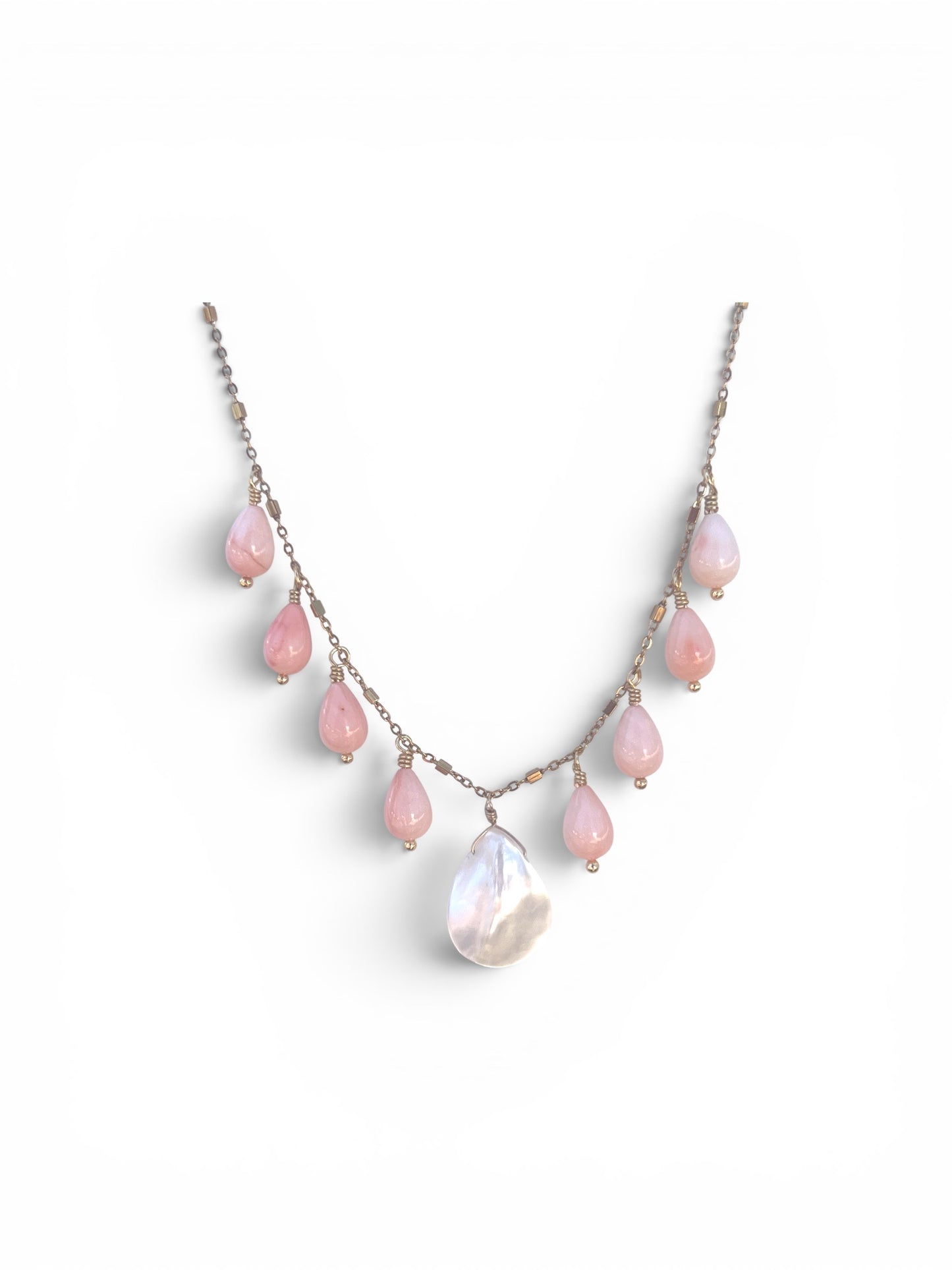 Necklace with Mother of Pearl teardrop, angel skin coral, gold filled chain