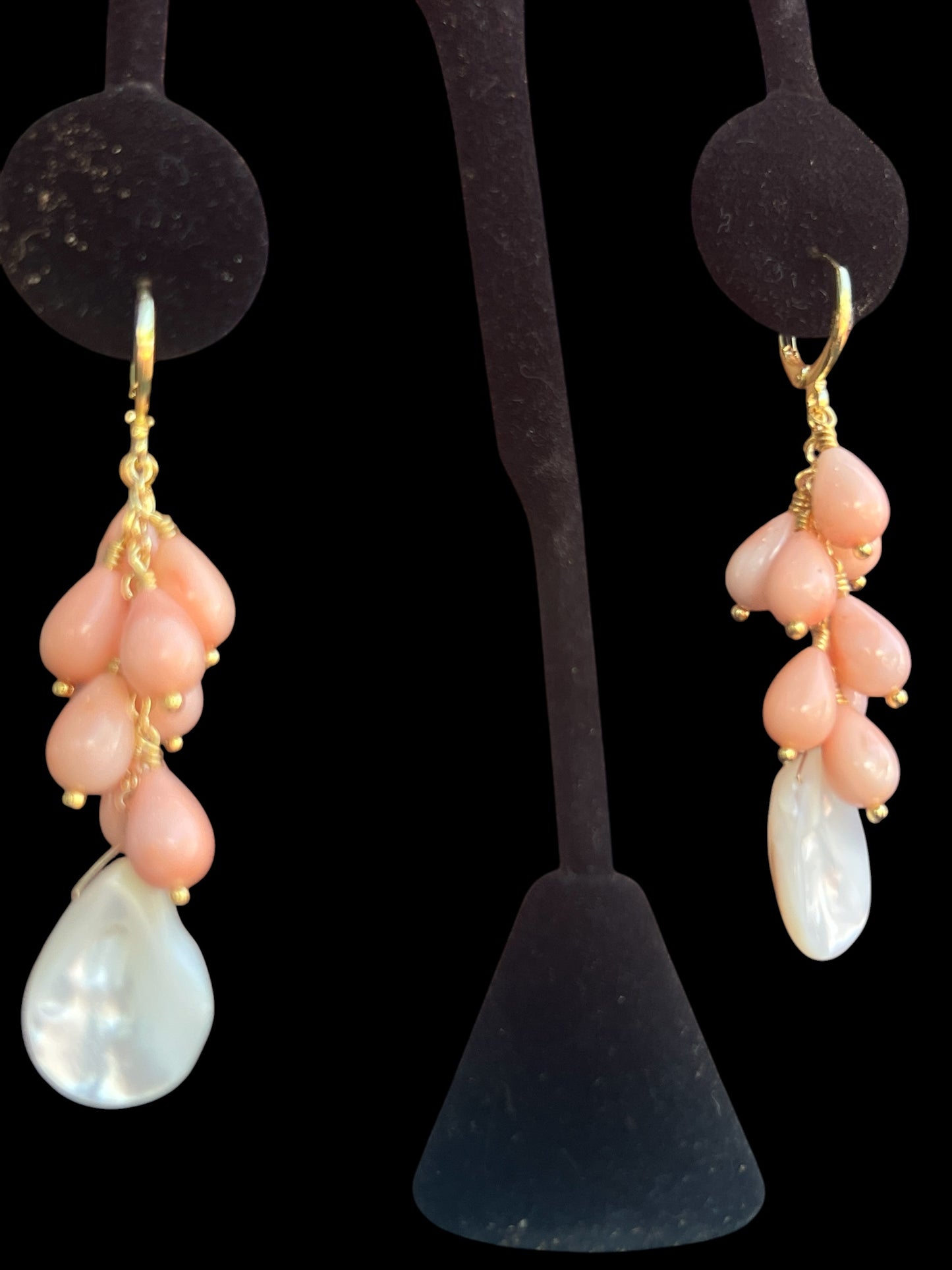 Earrings with gold fill hoops and angel skin coral drops with mother of pearl teardrop