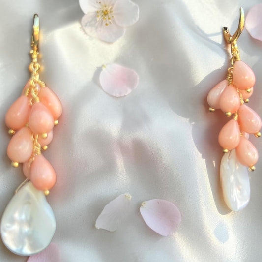 Earrings with gold fill hoops and angel skin coral drops with mother of pearl teardrop