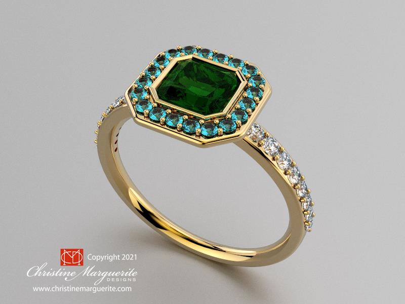 Diopside, and aquamarine halo diamond ring set in 18KY gold