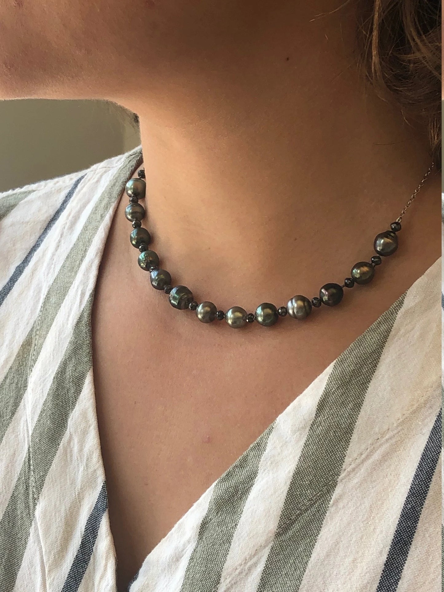 Tahitian Pearl and Black Diamond necklace on 14K white gold cable chain