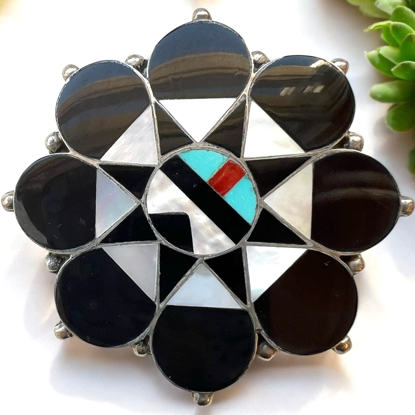 Allison Dishta Zuni Sunface Inlay onyx, turquoise, coral and mother of pearl convertible pin and pendant