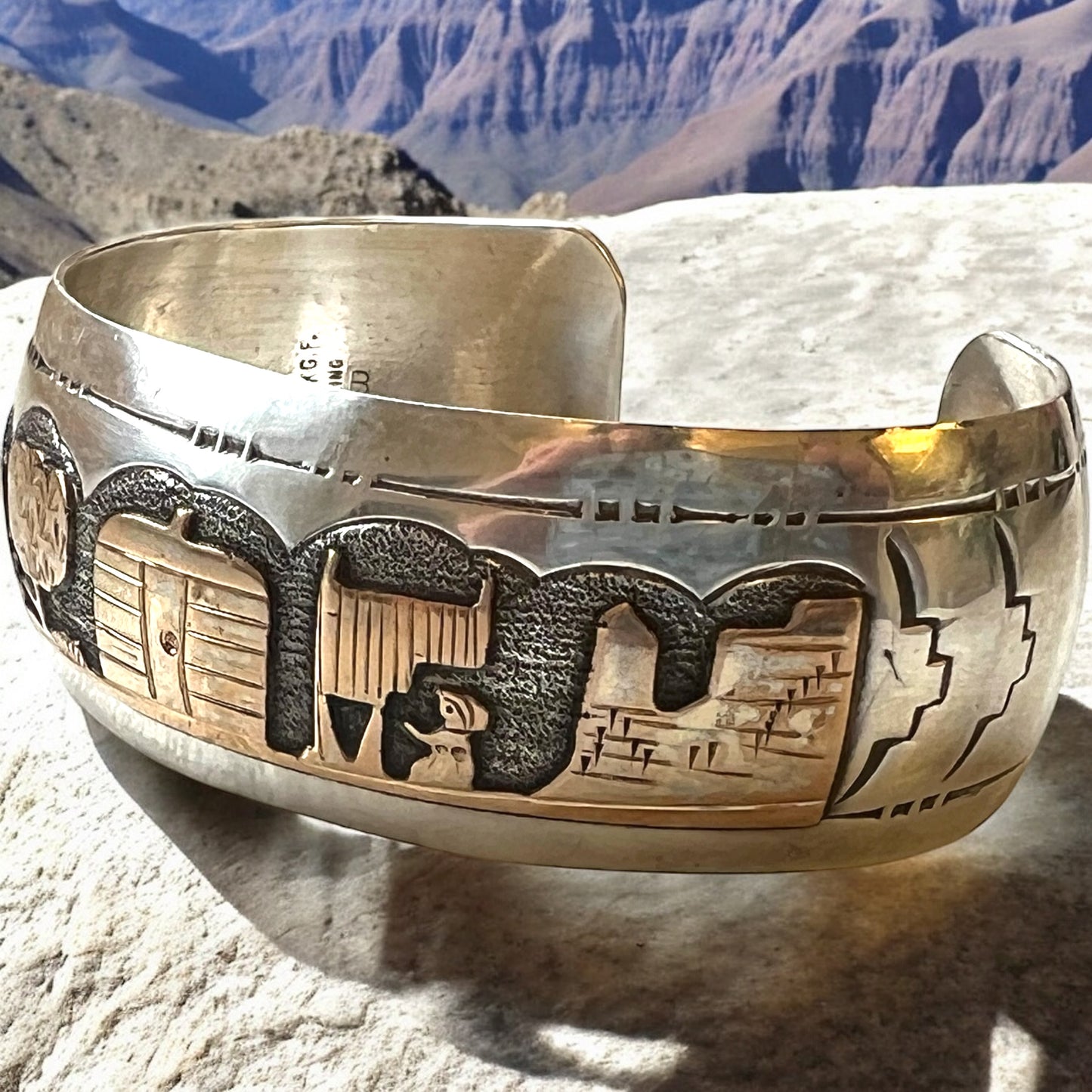 Native American Storyteller Cuff in Sterling Silver and Gold Filled overlay