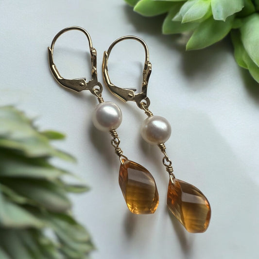 Carved Citrine and cultured pearl drops in 14KY gold earrings