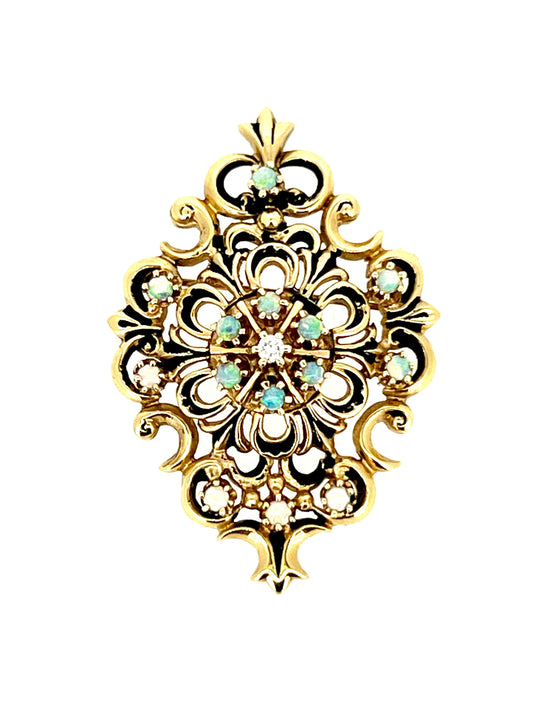 Victorian 18KY gold pin with opal cabochons and diamond center convertible pin/pendant