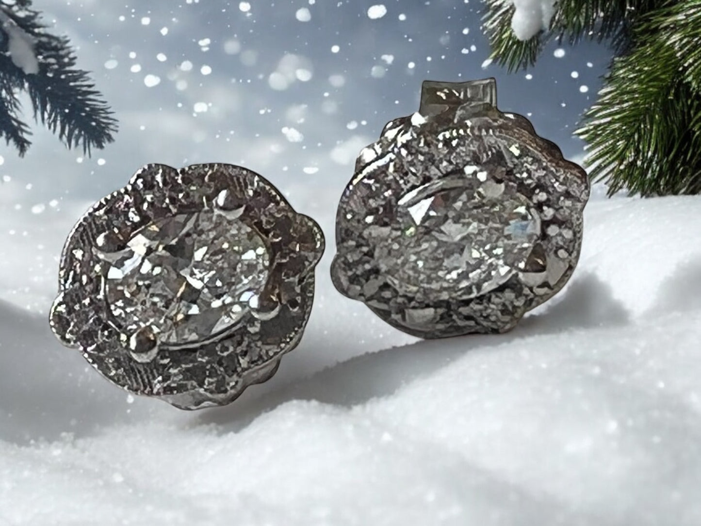 Vintage style 14K white gold and natural oval diamond earrings