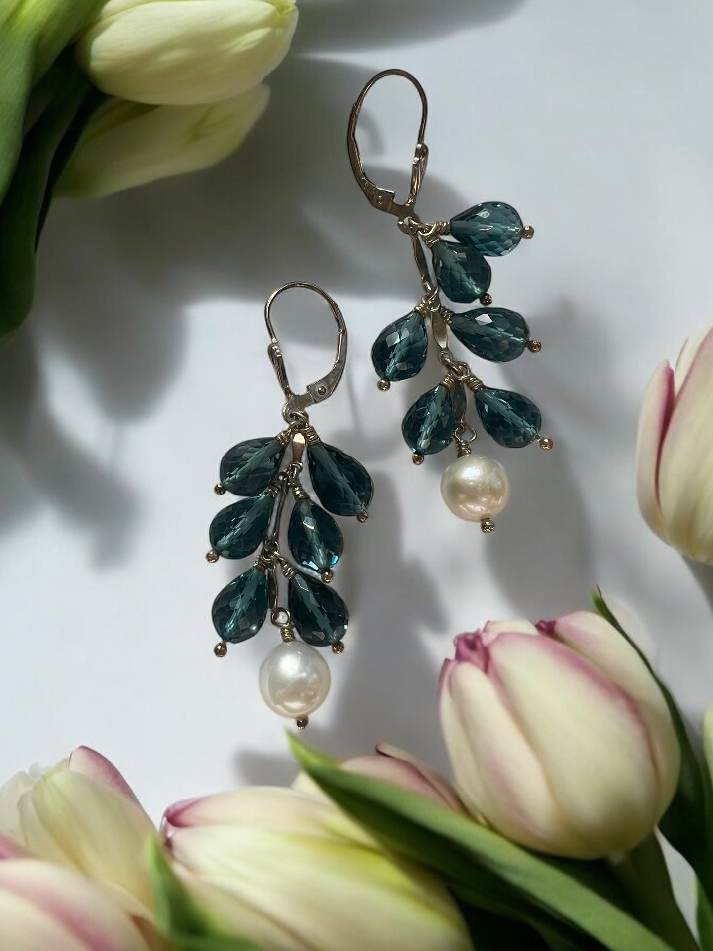 London Blue Topaz Briolette drops and Cultured Pearls on Sterling Silver Leverbacks