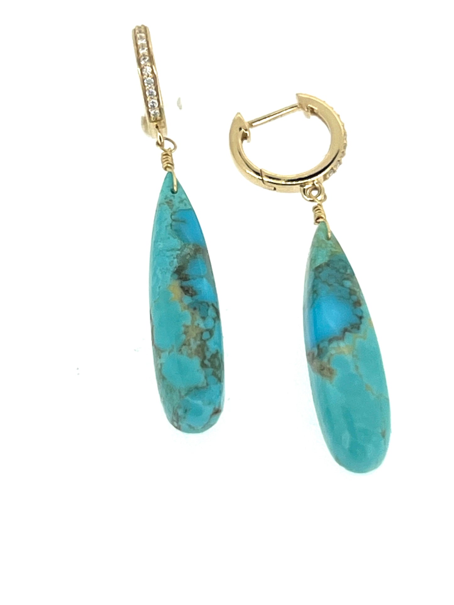 Sleeping Beauty Turquoise earring drops in 14KY gold and diamond hoops