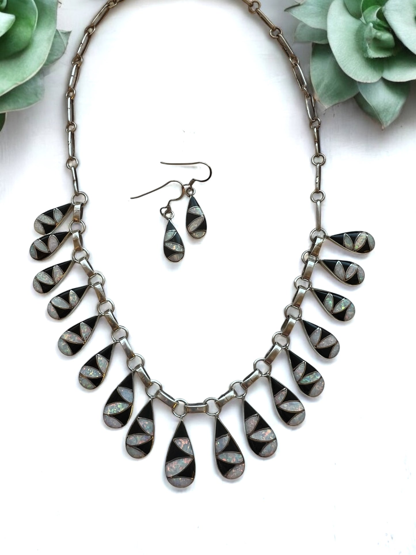 Orlinda Natewa Sterling Silver Onyx, and synthetic opal necklace and earring set