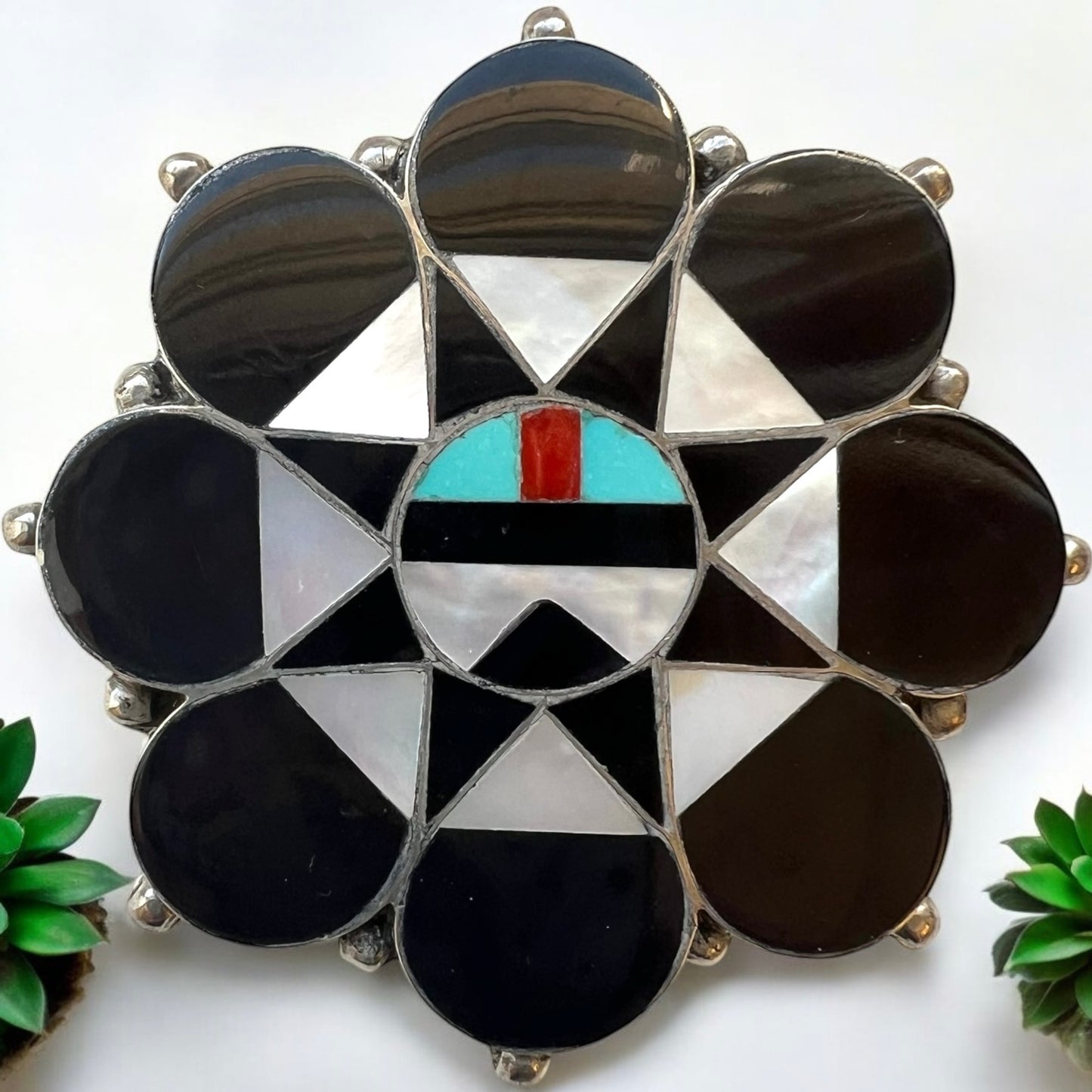 Allison Dishta Zuni Sunface Inlay onyx, turquoise, coral and mother of pearl convertible pin and pendant