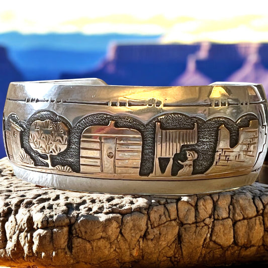 Native American Storyteller Cuff in Sterling Silver and Gold Filled overlay