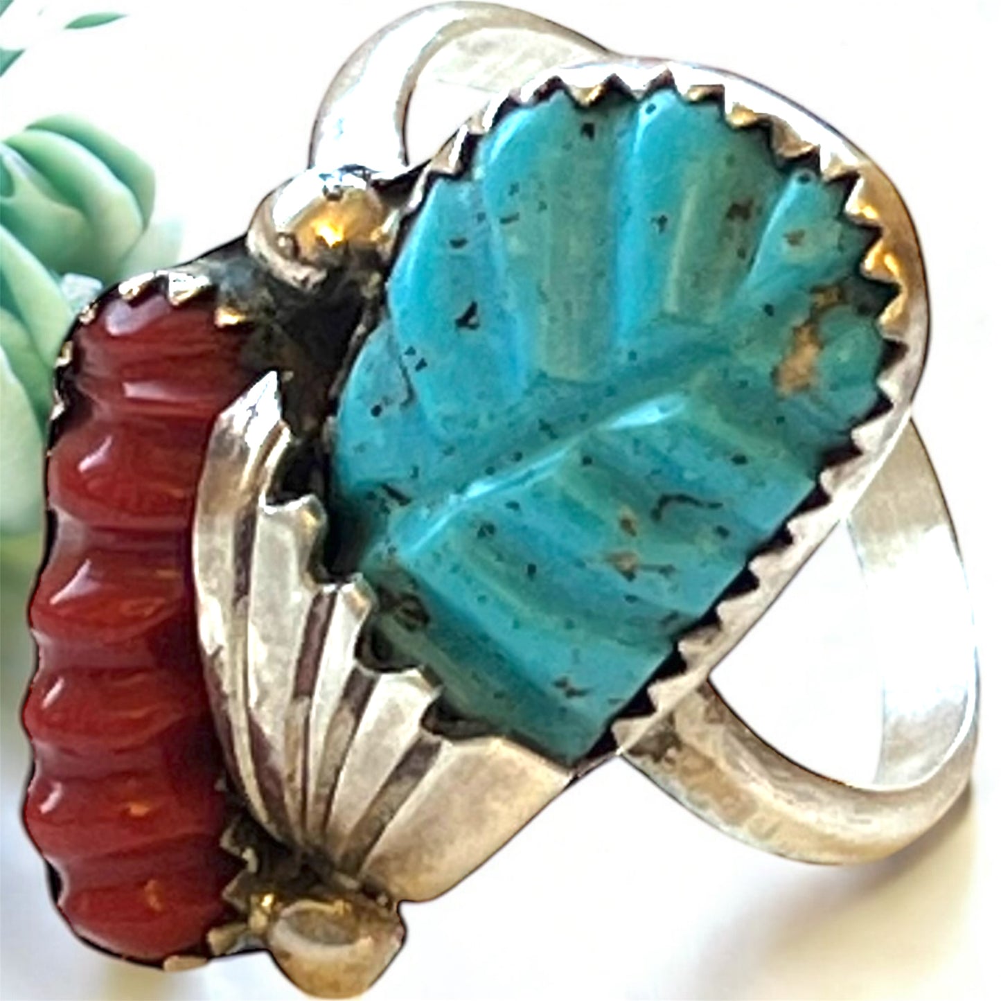 Loyalita Tsatte Zuni Sterling Silver,Carved turquoise and coral ring