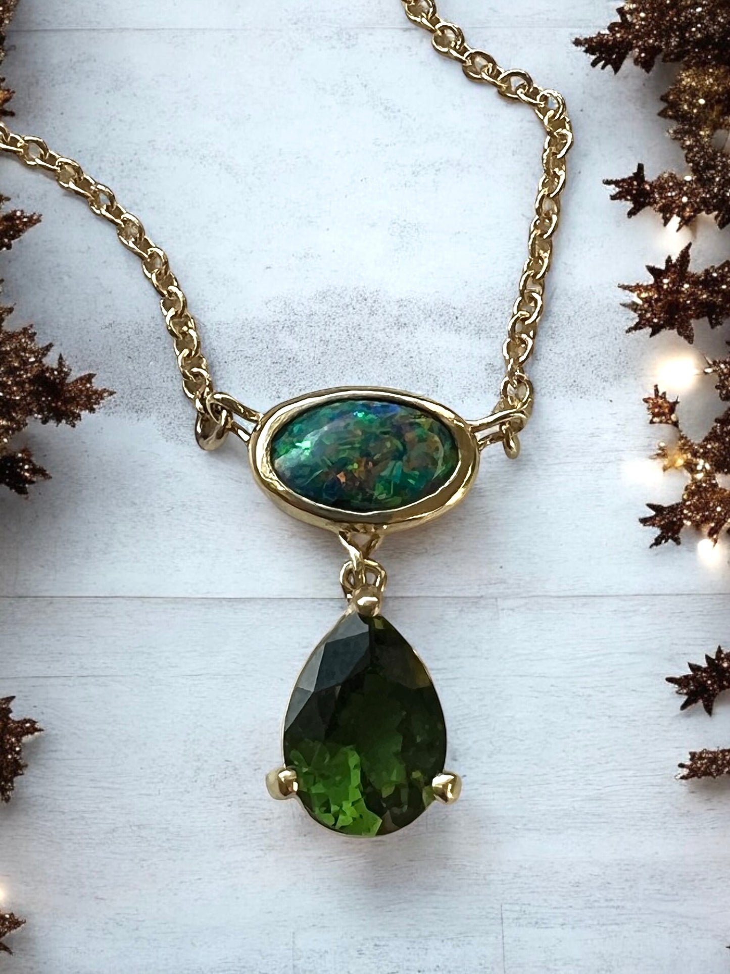 Natural Australian black opal, Afghanistan tourmaline, 14K Y gold pendant and chain