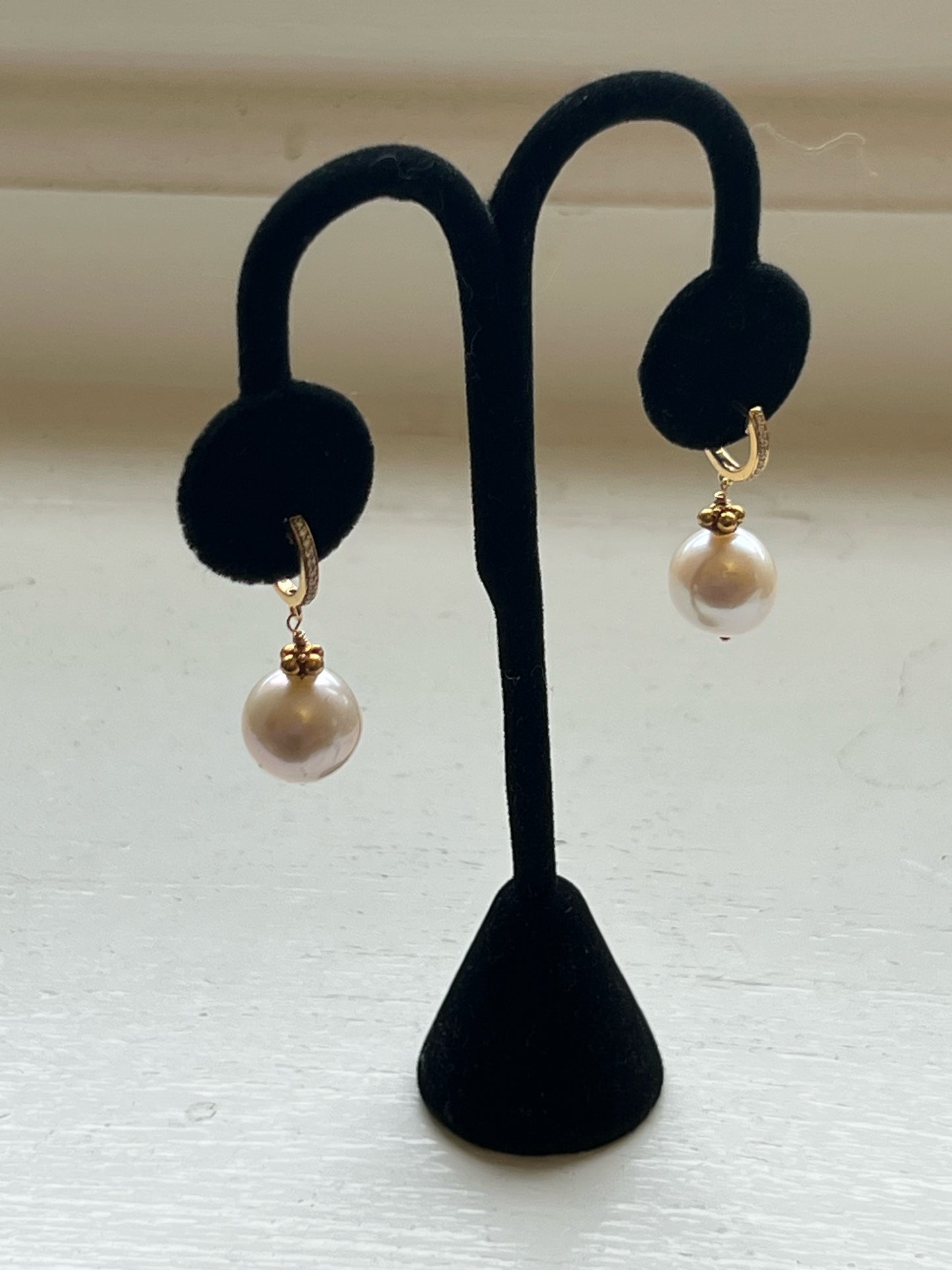 Pearl drop earrings AAA quality set in 18K, 14K and 22KY gold with diamonds