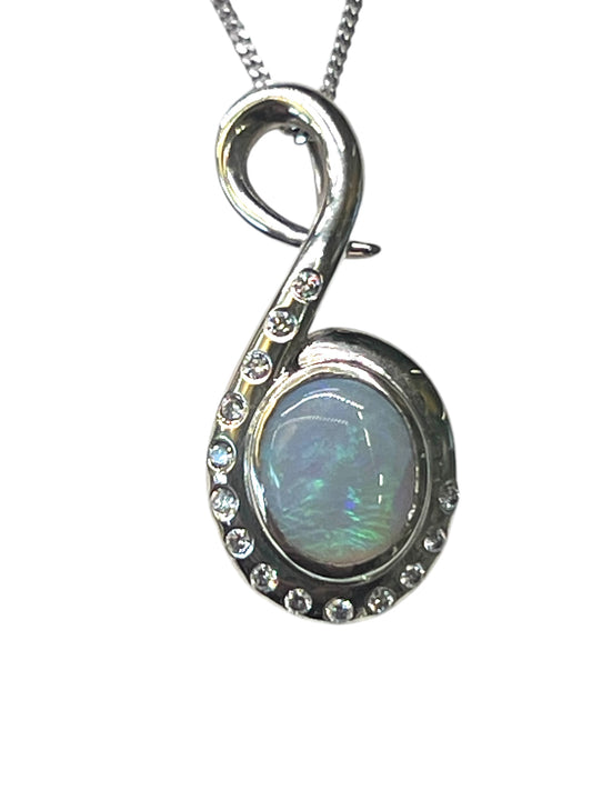 Aurora Borealis Australian White Opal Swirl pendant with diamonds in 14Kwhite gold, 18" chain