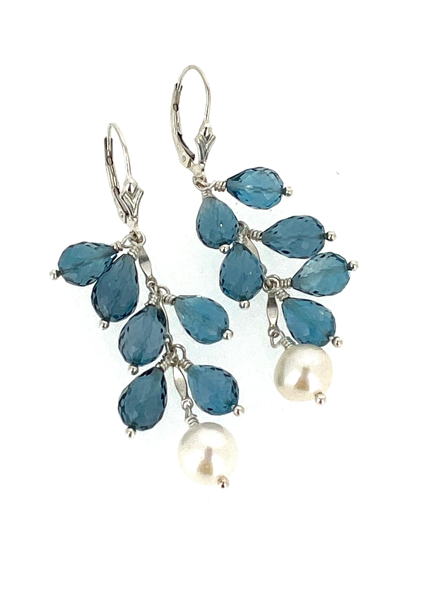 London Blue Topaz Briolette drops and Cultured Pearls on Sterling Silver Leverbacks