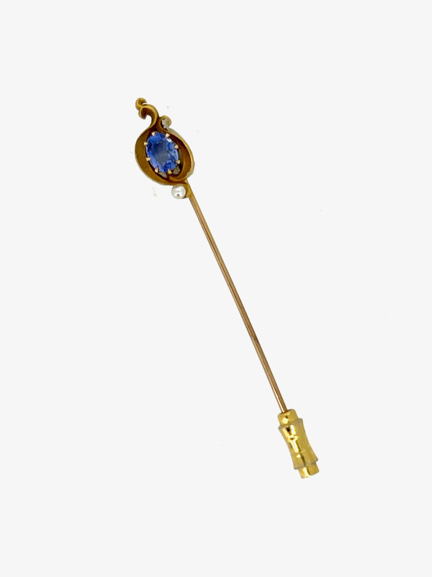 Victorian lapel pin in 14KY gold sapphire and cultured pearl