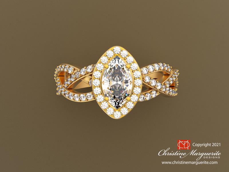 'Twist' Ring with Marquise Diamond Halo